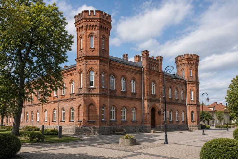Tauragės pilies raudonų plytų bokštai su šaudymo angomis ir muziejaus „Santaka“ fasadas miesto centre