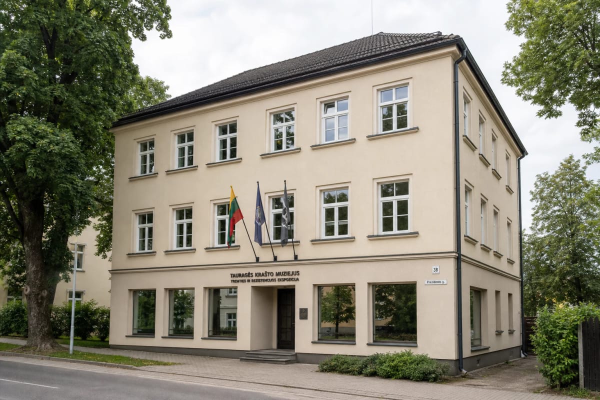 Pale three-storey Šubertinė façade in Tauragė with black Museum of Exile and Resistance lettering and the Lithuanian flag