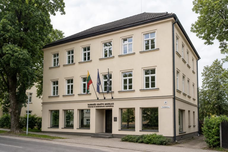 Šviesus trijų aukštų Šubertinės fasadas Tauragėje su juoda Tremties ir rezistencijos muziejaus iškaba ir Lietuvos vėliava