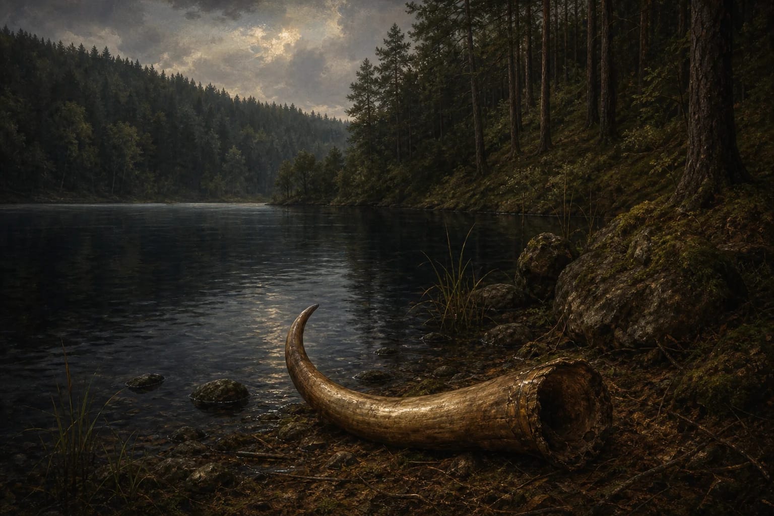 Legend of Lake Tauragnas visual interpretation with aurochs, horn, place name motifs