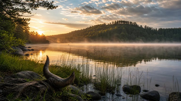 The depth of Lake Tauragnas guarded by a misty aurochs with raised horn and a hillfort in the distance