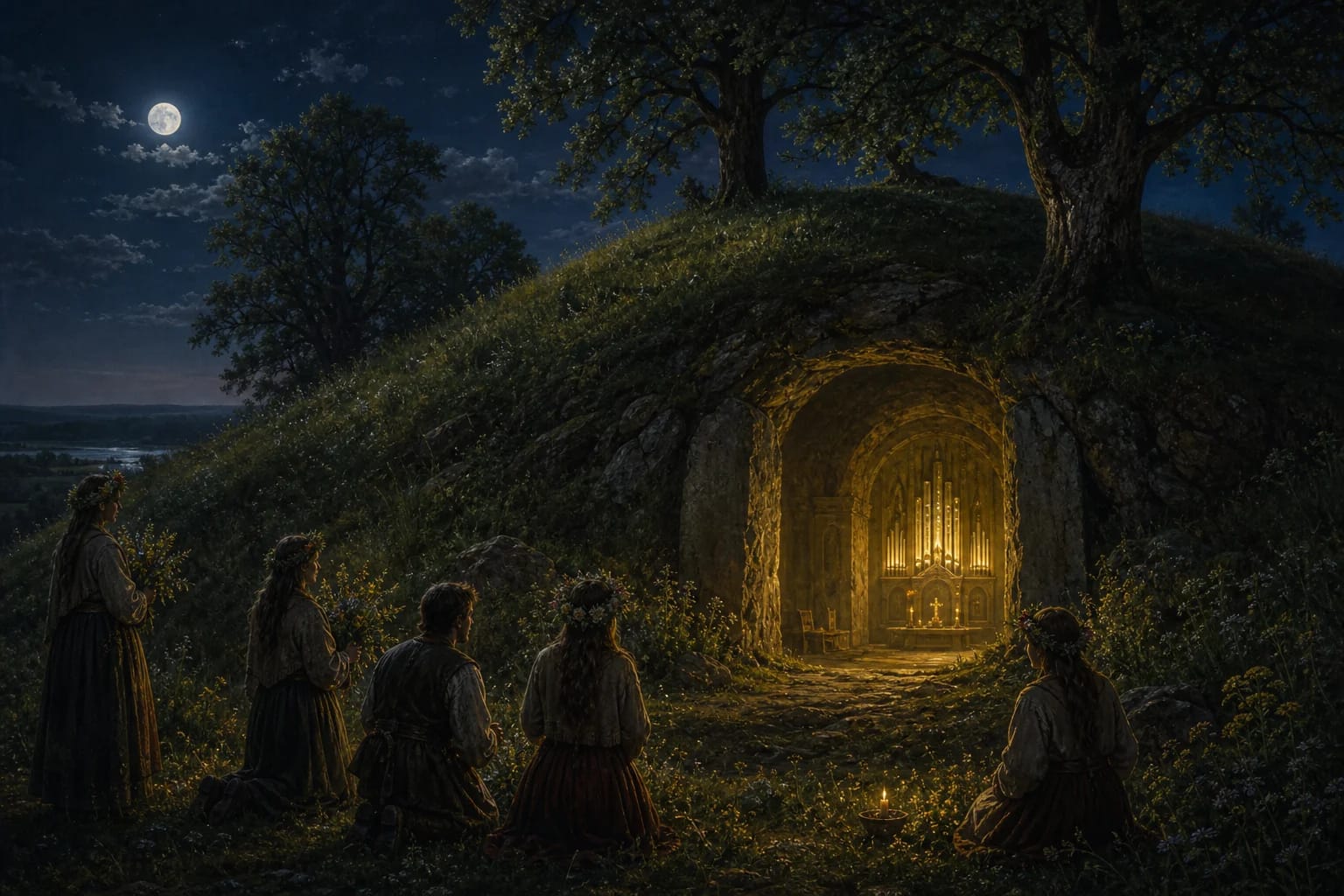 Legend of Taurapilis Hillfort visual interpretation with underground church, St. John's Day, organ motifs