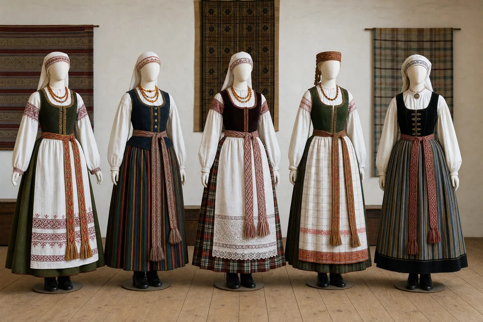 Costumes from five Lithuanian regions show differences in color, headwear, and layering.
