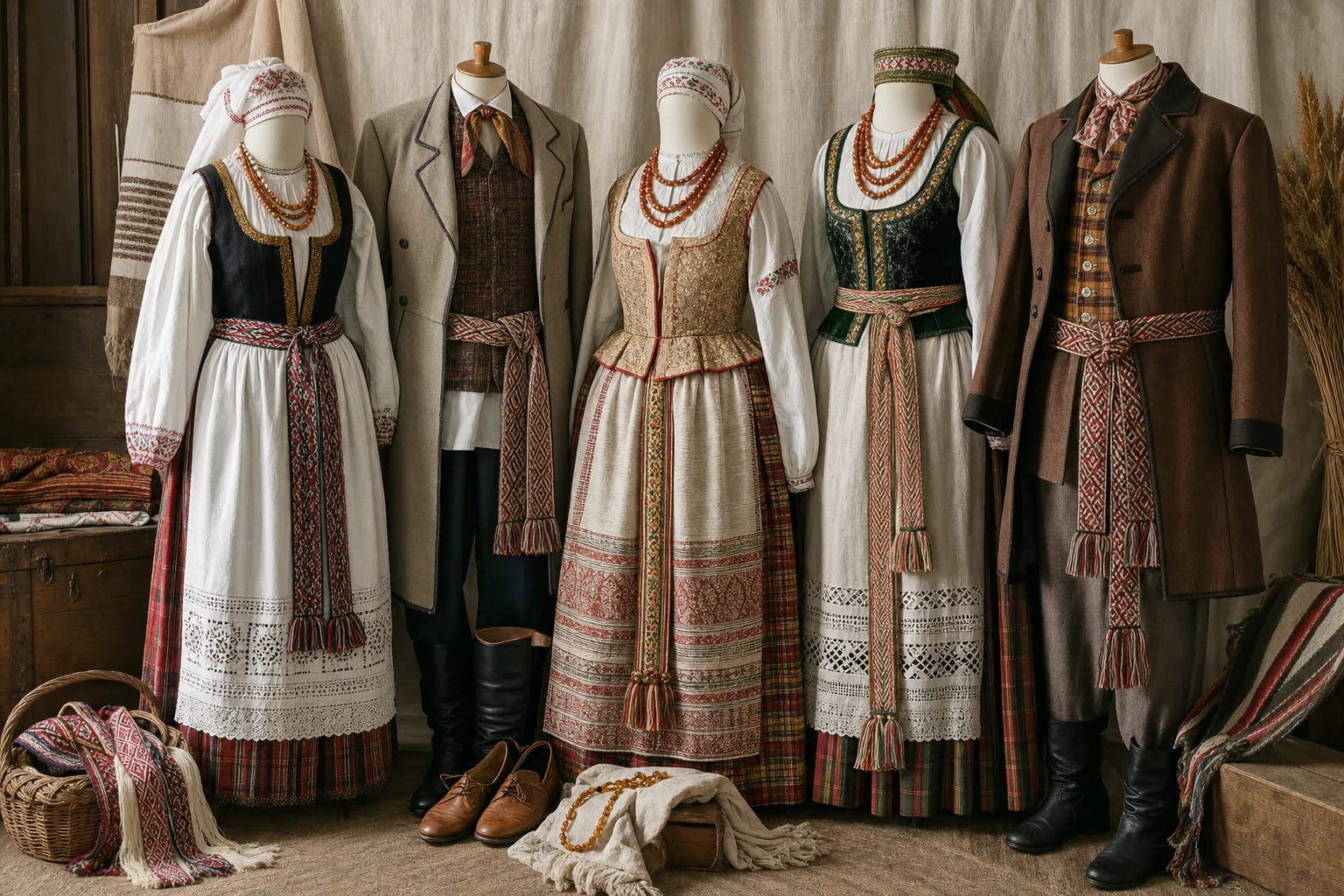 Lithuanian women’s and men’s national costumes with woven sashes, aprons, shirts, and regional headwear