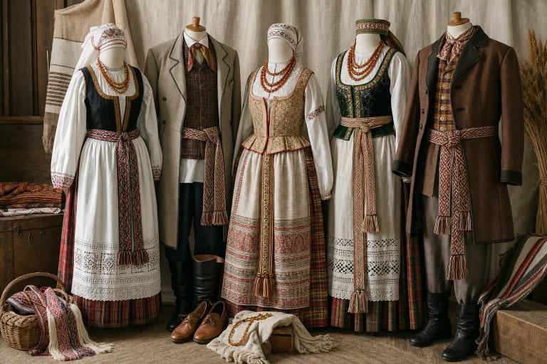 Lithuanian women’s and men’s national costumes with woven sashes, aprons, shirts, and regional headwear
