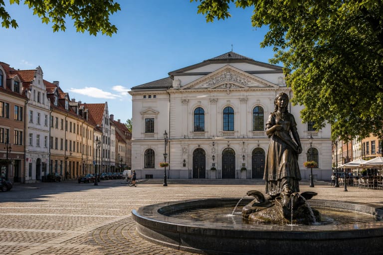 Klaipėdos Teatro aikštė su Taravos Anikės fontanu ir dramos teatro pastatu senamiestyje
