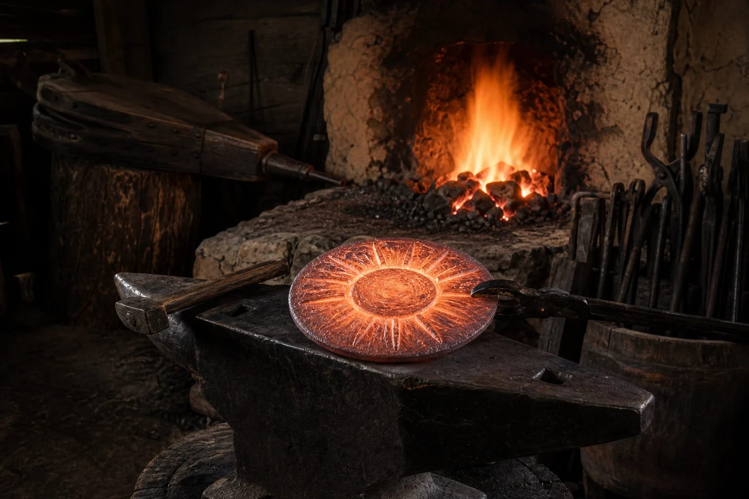 Forge hearth, anvil, and forged sun disk for Teliavelis
