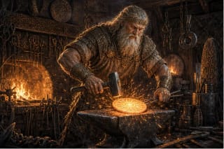 Teliavelis Kalvelis in Lithuanian mythology forging a glowing solar disk in a smithy