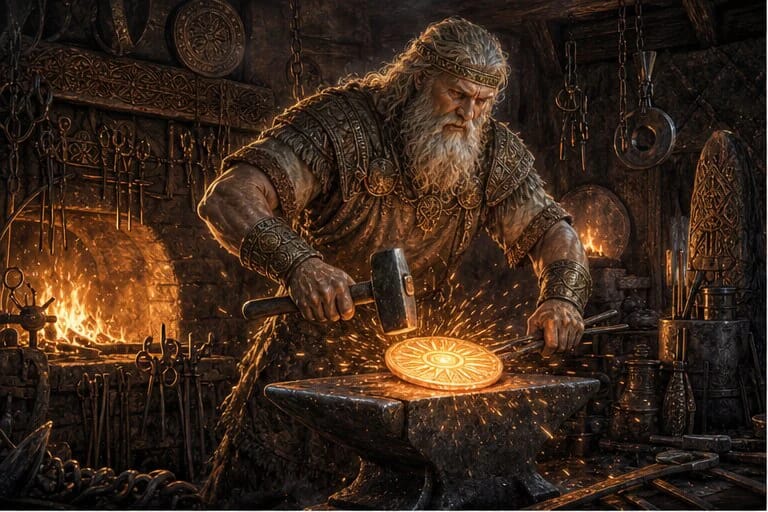 Teliavelis Kalvelis in Lithuanian mythology forging a glowing solar disk in a smithy