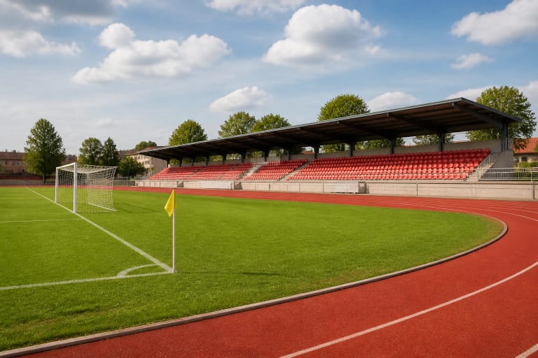 Football pitch, red running track and covered stand at Telšiai Central City Stadium