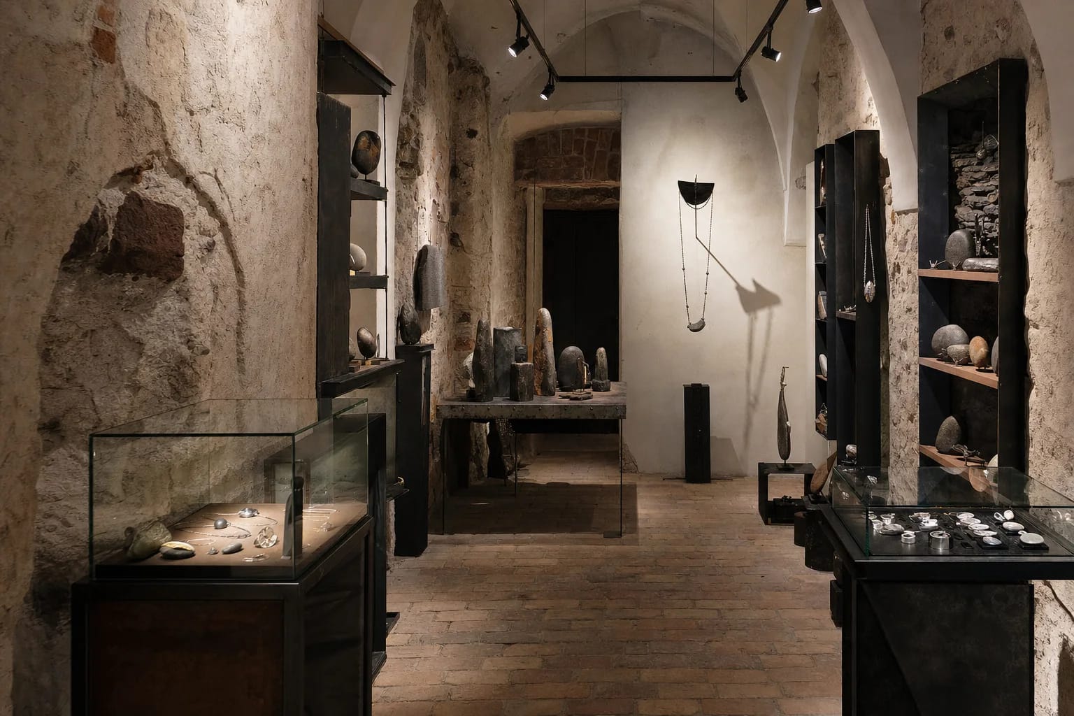 Vaulted Terra Recognita Gallery interior with dark stone and metal objects on pale plinths
