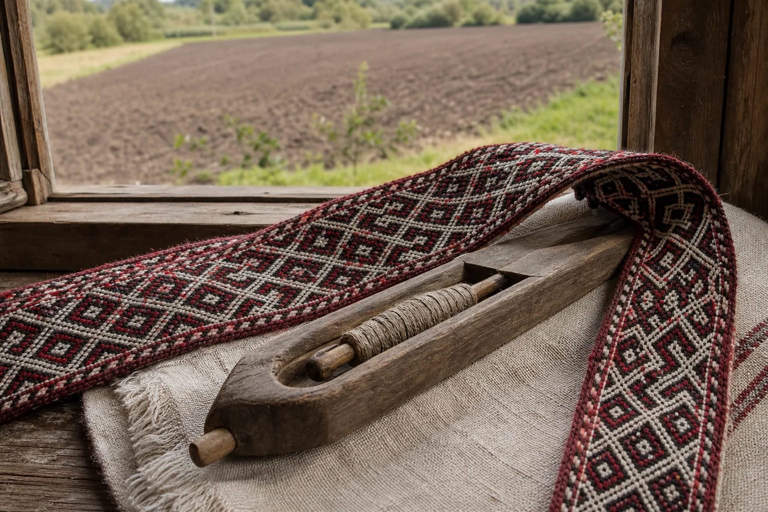 Net-like diamond pattern in a Lithuanian sash near a view of fields.
