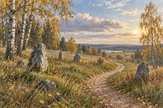 A conceptual landscape of remembrance with a path, birches and uninscribed stones.