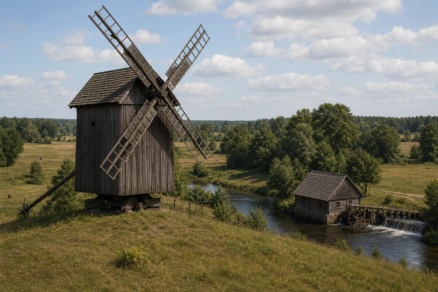 Traditional Lithuanian windmill and watermill in a landscape with millstones, sails, wooden structure, and miller's surroundings