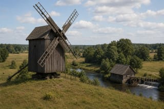 Traditional Lithuanian windmill and watermill in a landscape with millstones, sails, wooden structure, and miller's surroundings