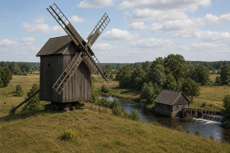 Traditional Lithuanian windmill and watermill in a landscape with millstones, sails, wooden structure, and miller's surroundings