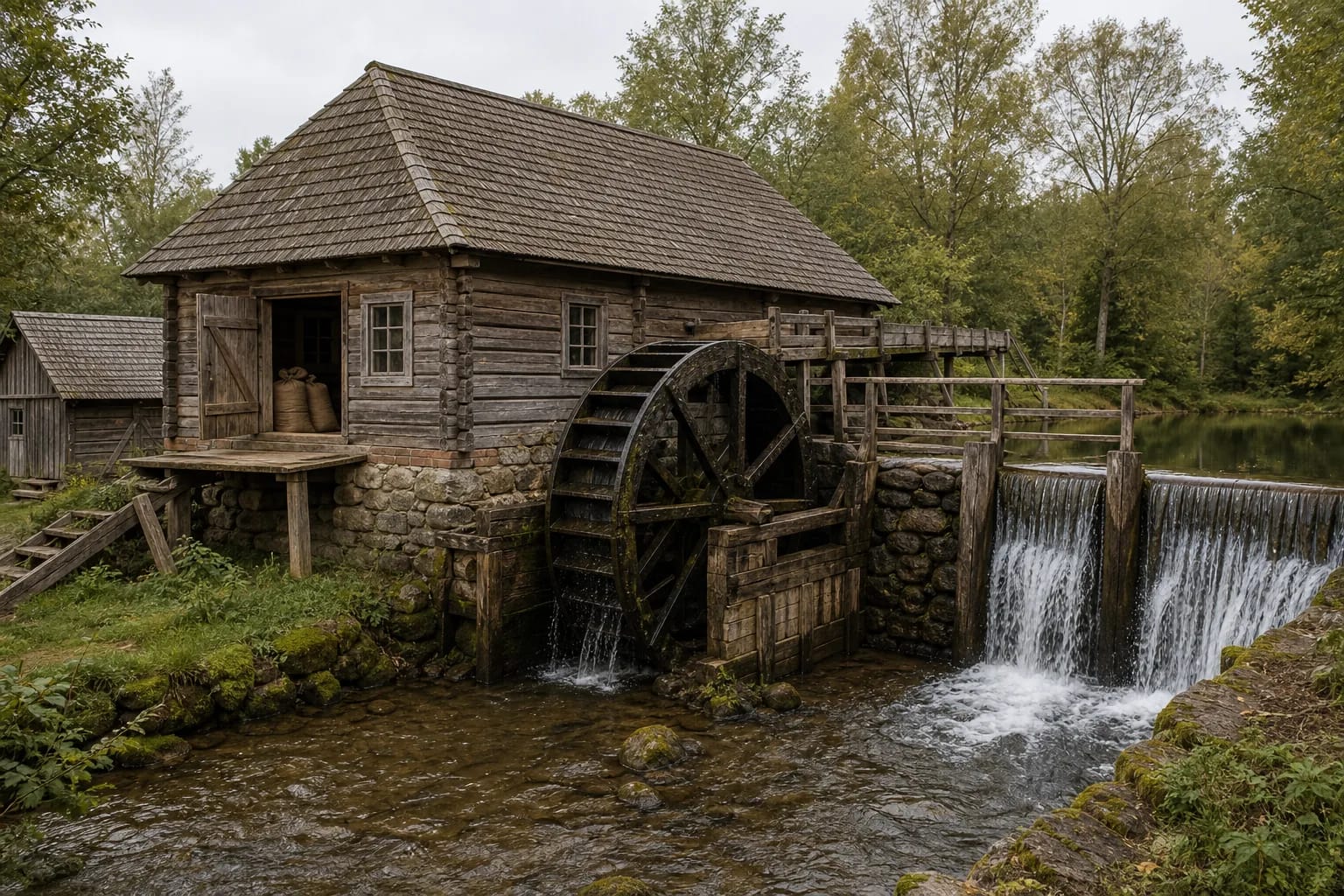 Watermill architecture was shaped by the building, wheel, dam, and current.