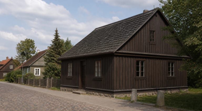 Trakai Karaim Kenesa on Karaimų Street among wooden houses and Trakai old-town surroundings