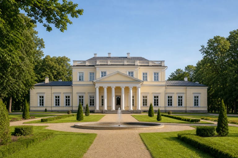 Trakų Vokės dvaro rūmai su kolonų portiku ir formaliu parku Vilniuje