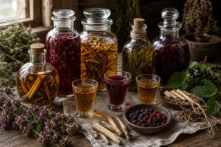 Homemade herbal and berry trauktinė in a glass vessel with oregano, calamus roots, and berries on a wooden table