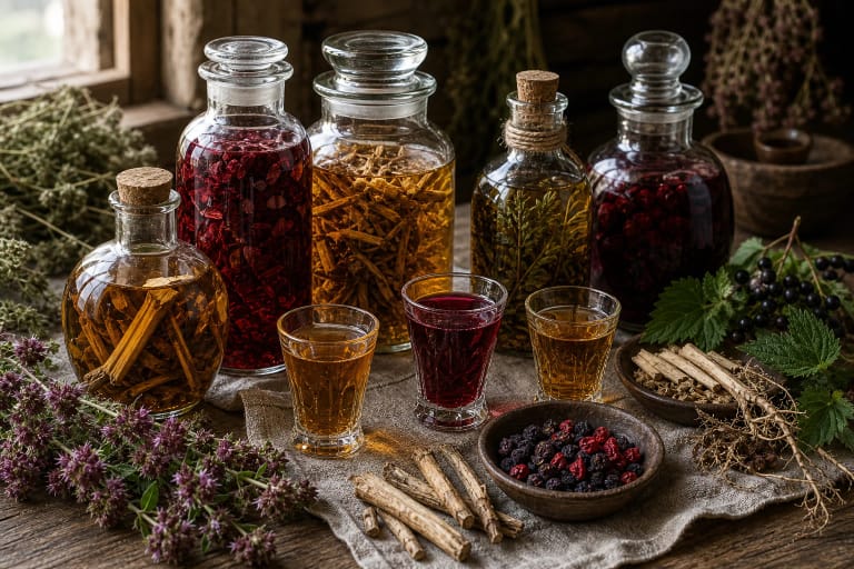 Homemade herbal and berry trauktinė in a glass vessel with oregano, calamus roots, and berries on a wooden table