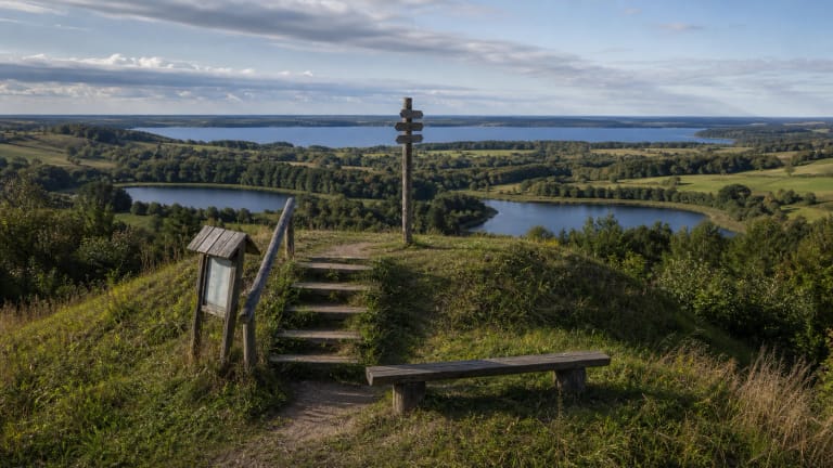 Timber steps and direction sign at Three Lakes Viewpoint overlooking the Pavištytis hills and Lake Vištytis