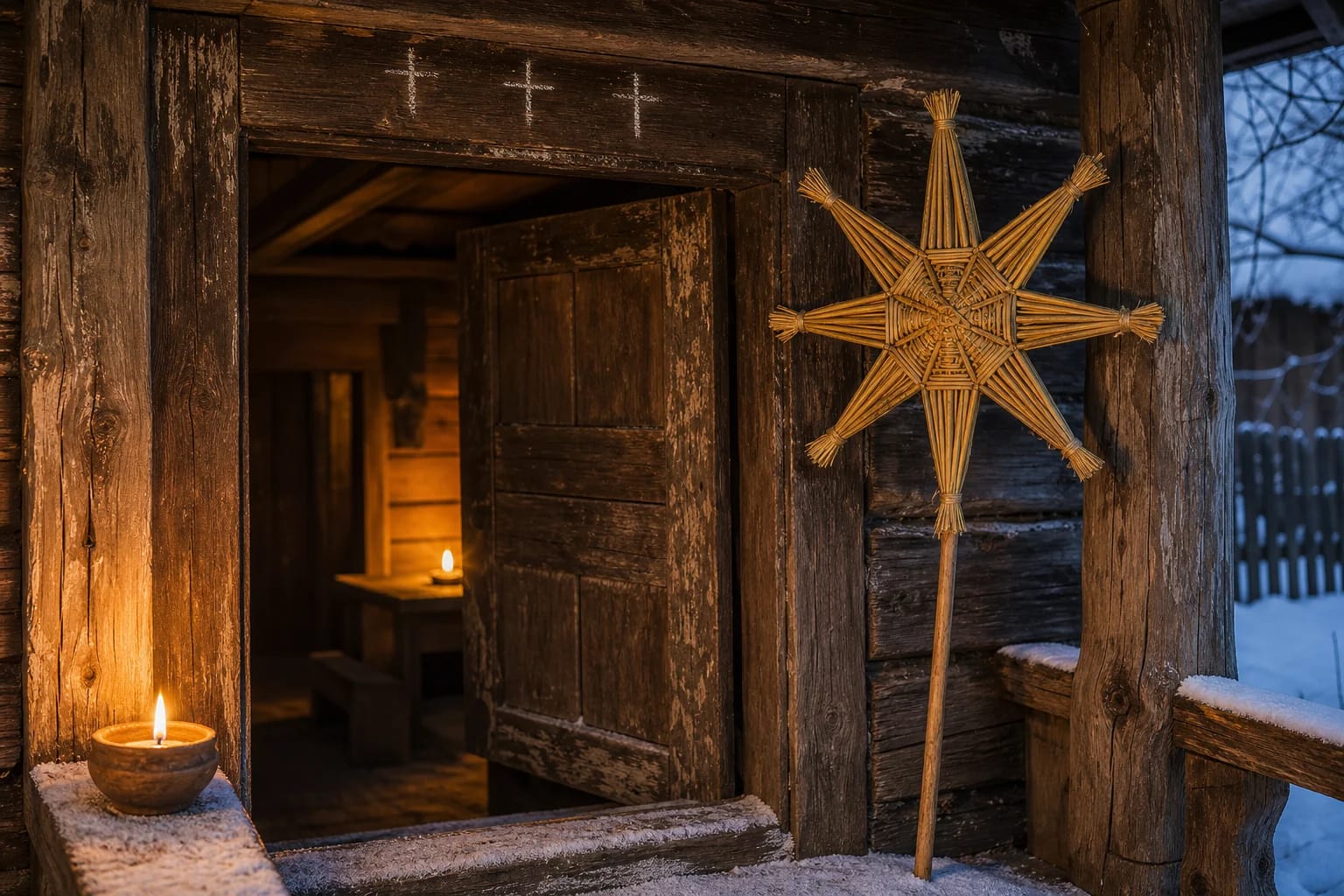 Three Kings doors marked with chalk crosses, a straw star, and a candle on a winter evening