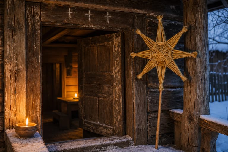 Three Kings doors marked with chalk crosses, a straw star, and a candle on a winter evening