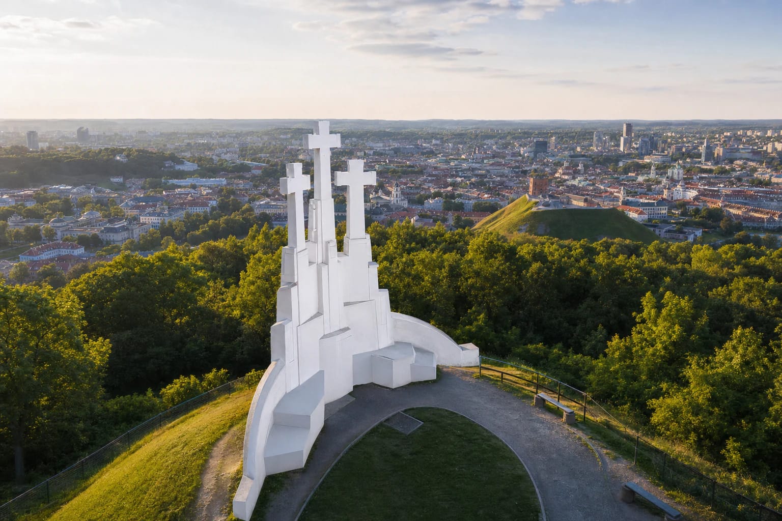 Three Crosses monument on a Vilnius hill with the old-town panorama