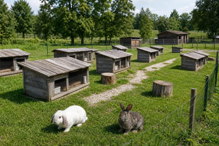 Rows of wooden rabbit hutches, a gravel path, and two different rabbit breeds in the green grounds of Triušiukų Slėnis