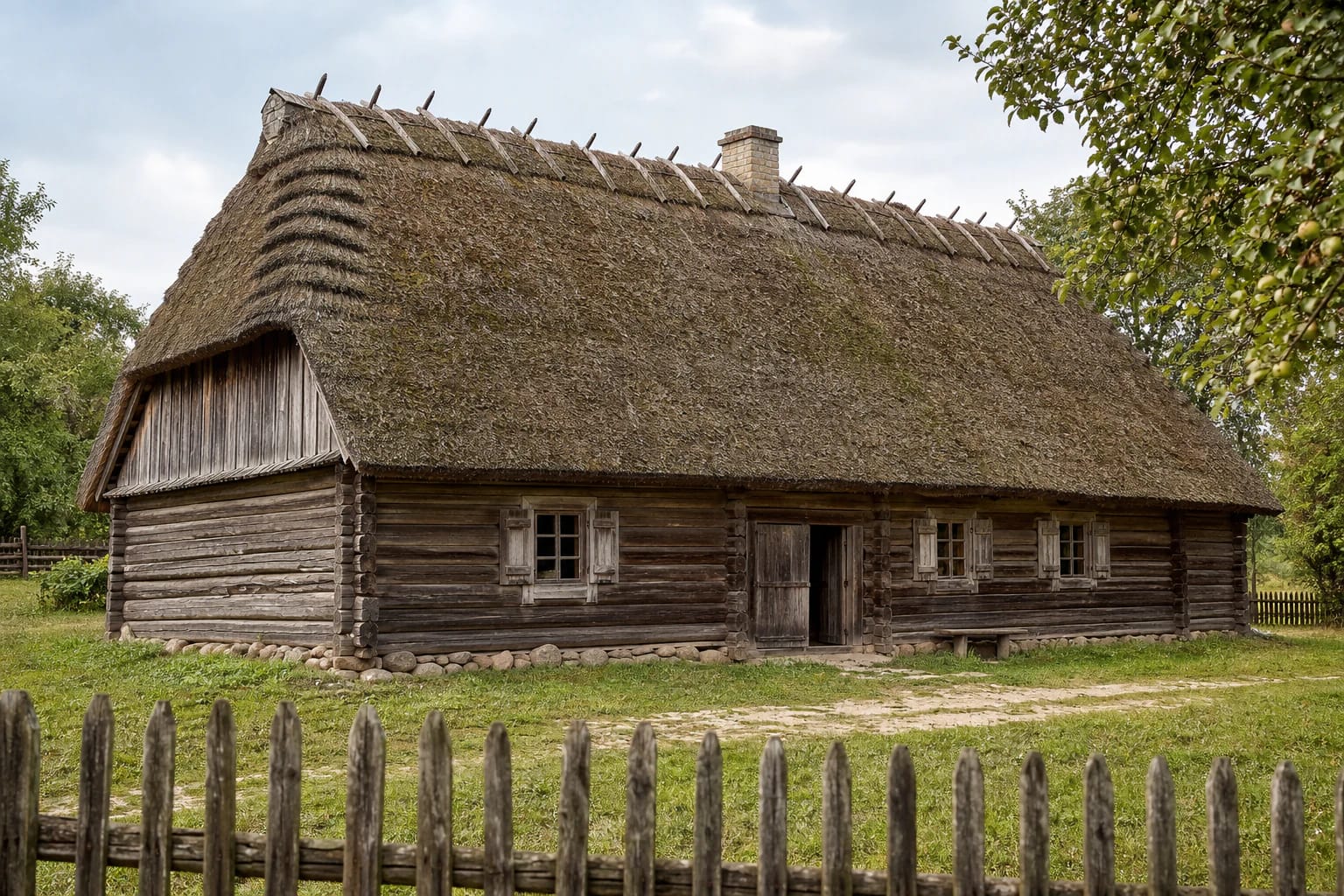 Traditional Žemaitian troba with a broad log volume, half-hipped roof, restrained shutters, and deep eaves