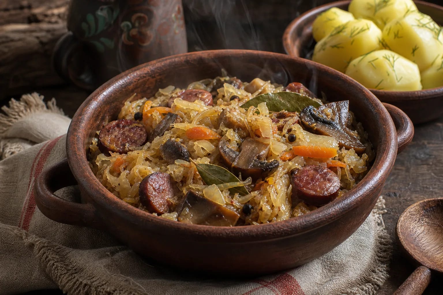 Braised sauerkraut with carrots, onions, mushrooms, and smoked sausage in a clay dish
