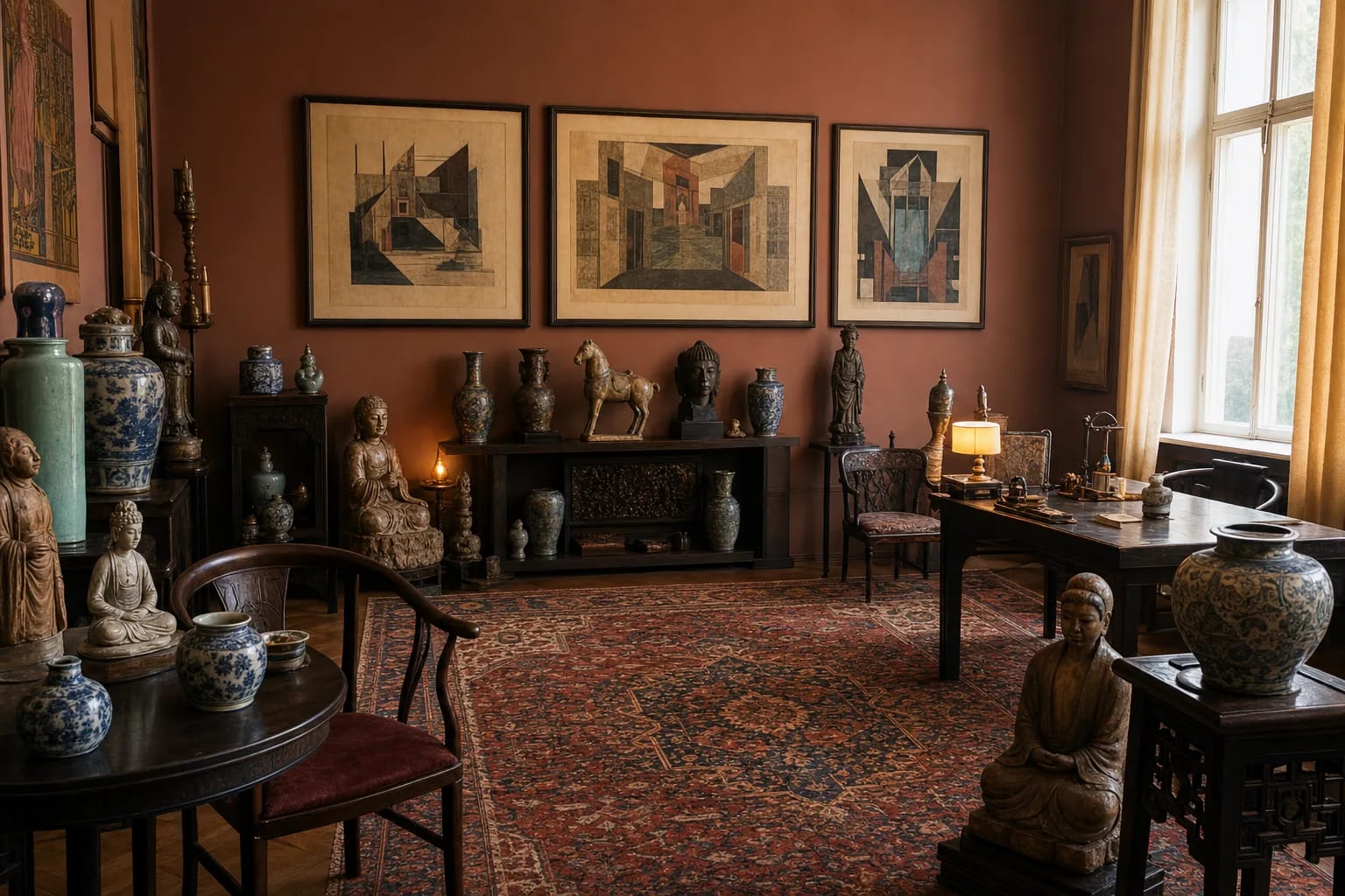 Salon in the Truikys and Rakauskaitė house with stage designs, Oriental vessels, and a Persian carpet