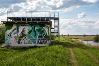 Насосная станция Тулкиараге с рисунком вертлявой камышевки и площадкой на крыше у травяной тропы по лугам дельты Немана