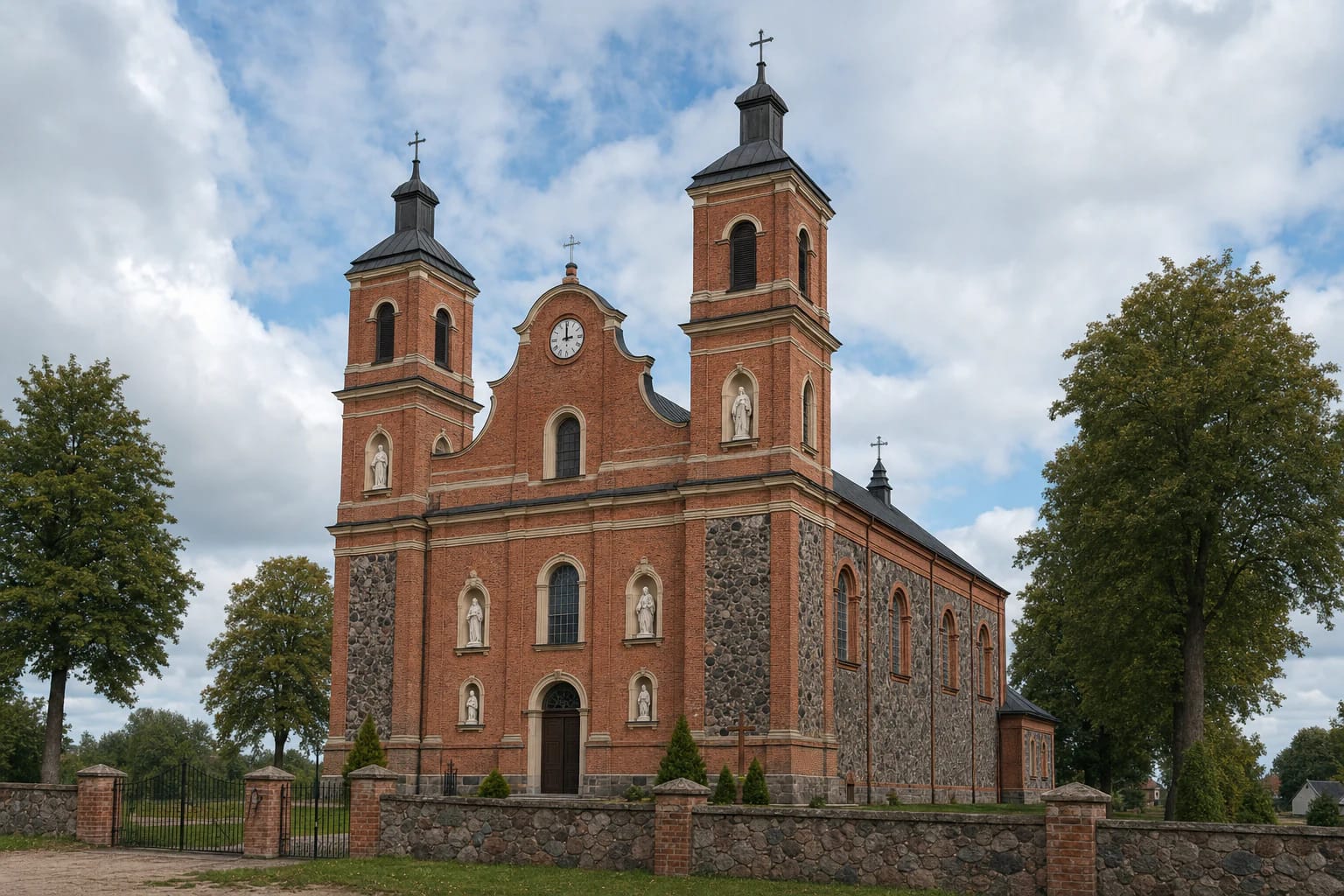 Red-brick twin-tower church in Turgeliai with a central clock, statue niches, and a stone churchyard wall