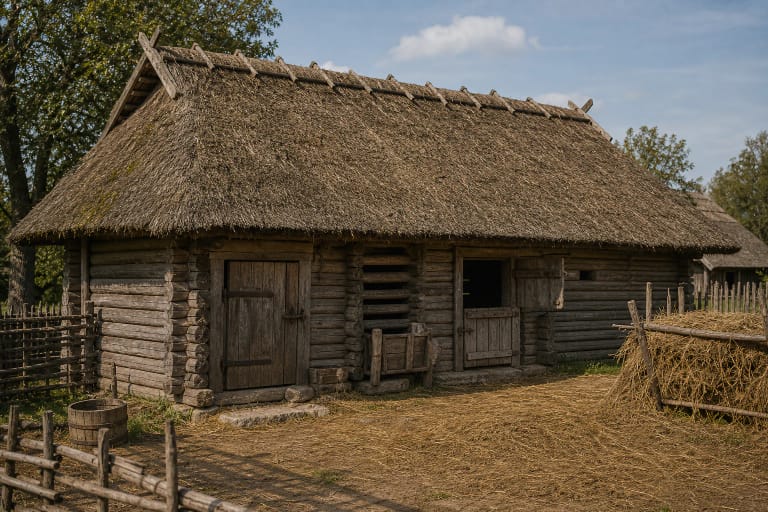 Traditional wooden cattle shed with stone foundations, small windows, broad eaves, and fenced diendaržis yard