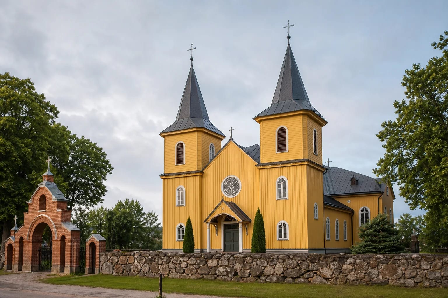 Two-towered wooden Tverai Church and churchyard gate in Samogitia
