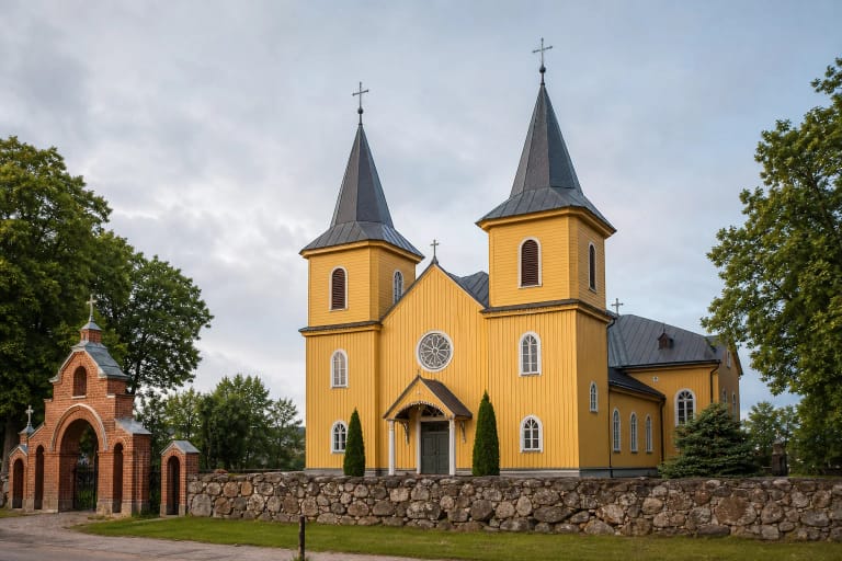 Tverų dvibokštė medinė bažnyčia ir šventoriaus vartai Žemaitijoje