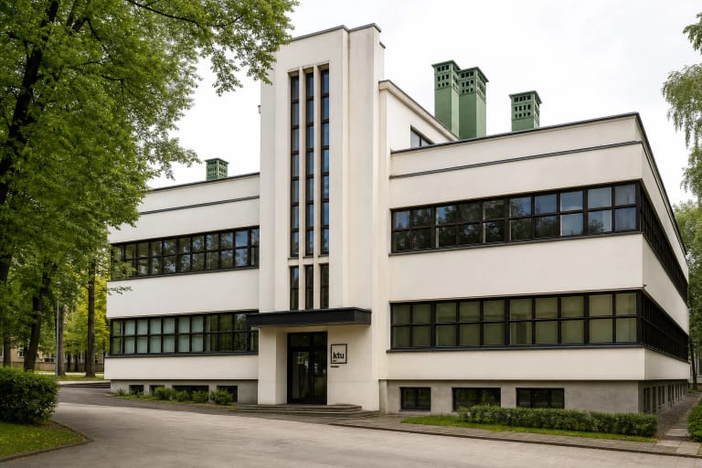 Tyrimų laboratorijos Kaune baltas funkcionalistinis fasadas su juostiniais langais ir žaliais ventiliacijos bokšteliais