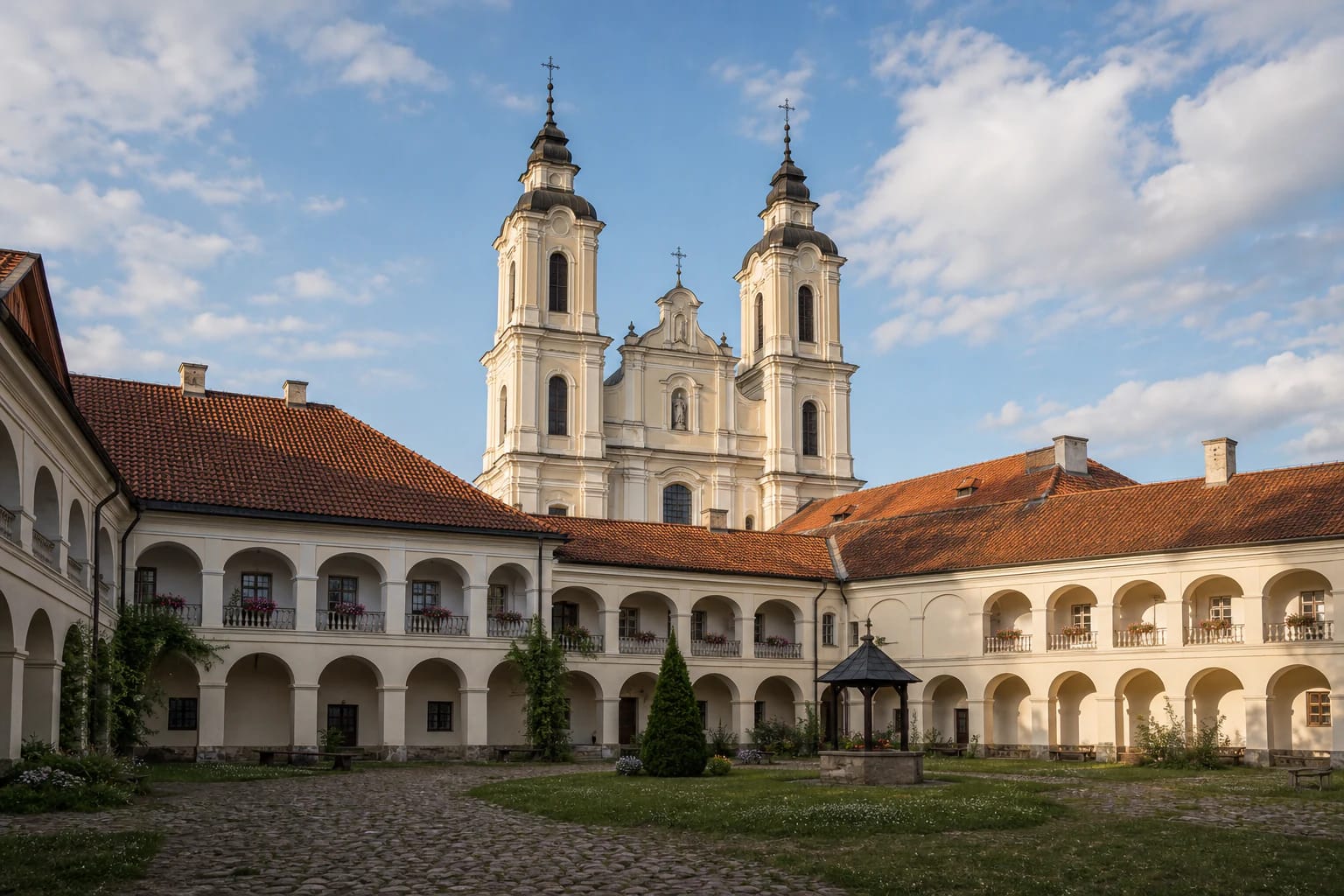 Tytuvėnų bažnyčios ir bernardinų vienuolyno ansamblio kiemas su bažnyčios bokštais ir galerijomis