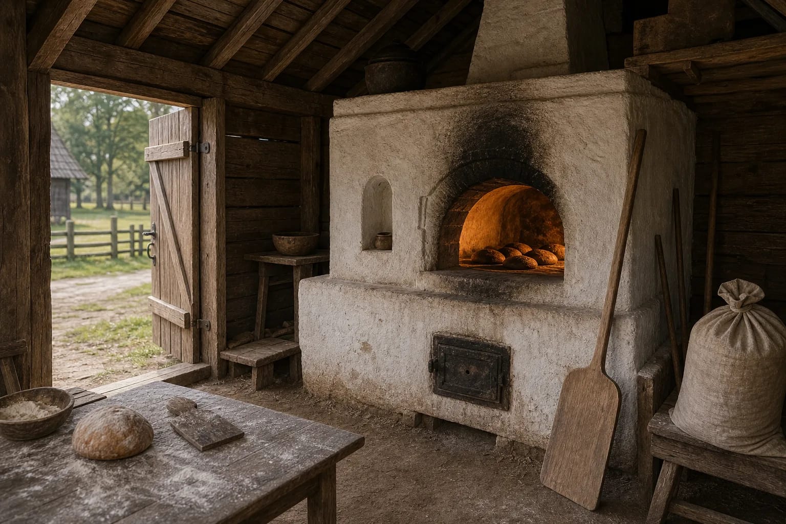The bakehouse centered on the bread oven and the work space around it.