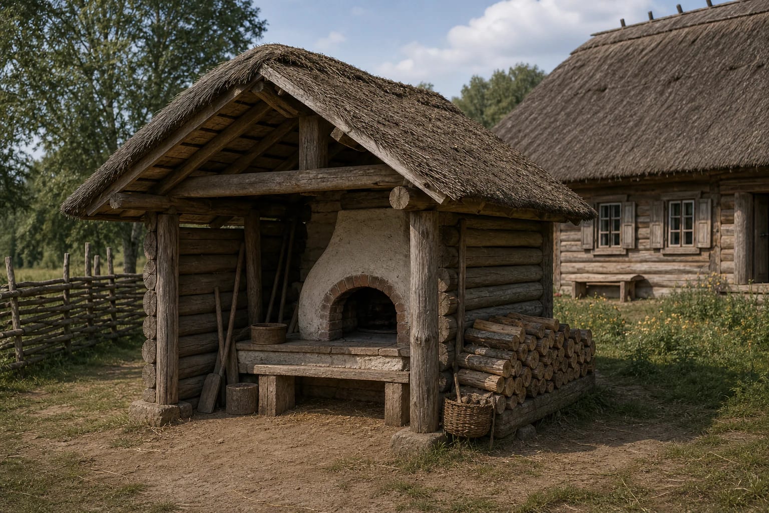 Žemaitian ubladė with a small log volume, broad thatch roof, clay bread oven, and firewood by the door