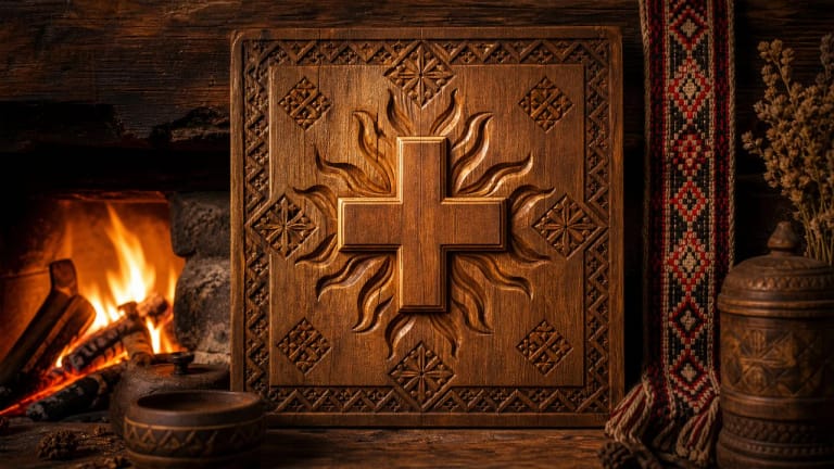 The Fire Cross as a Lithuanian rotating-cross ornament near a hearth and textile