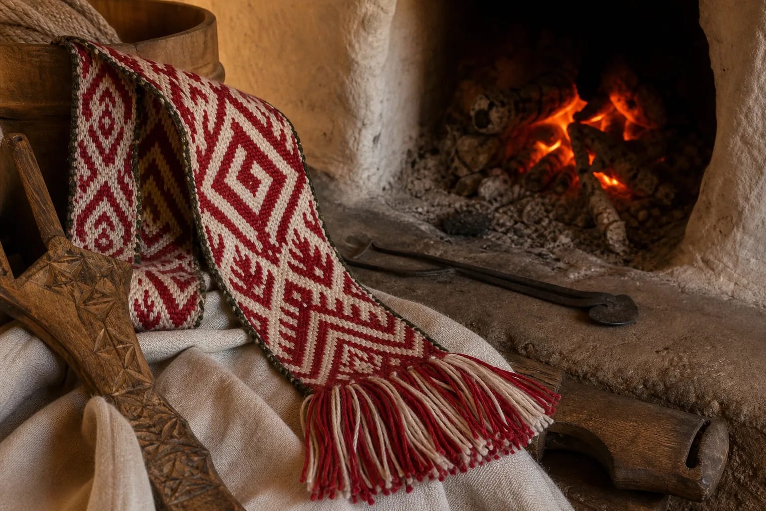 Fire-themed patterns in a Lithuanian sash beside a clay hearth and embers.