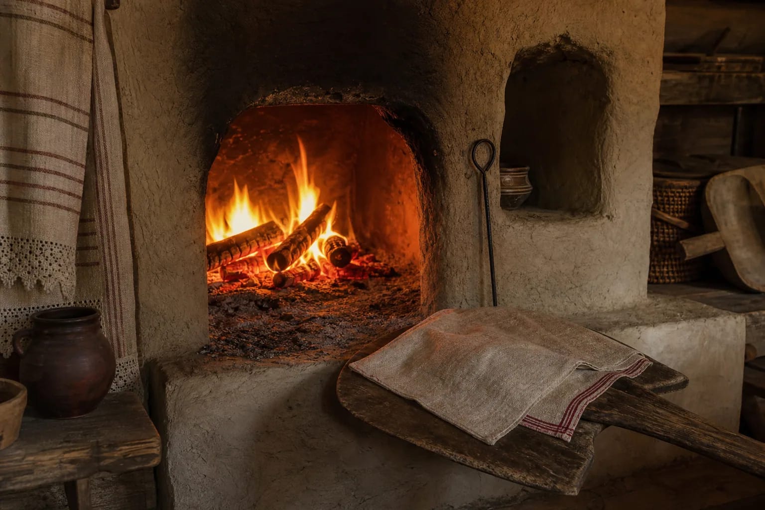 Household hearth in a traditional room with clay stove, embers, and linen.
