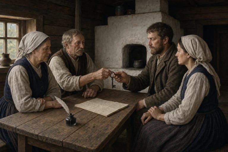 Older farmers at a table hand a farm key to a young couple beside a written išimtinė maintenance agreement