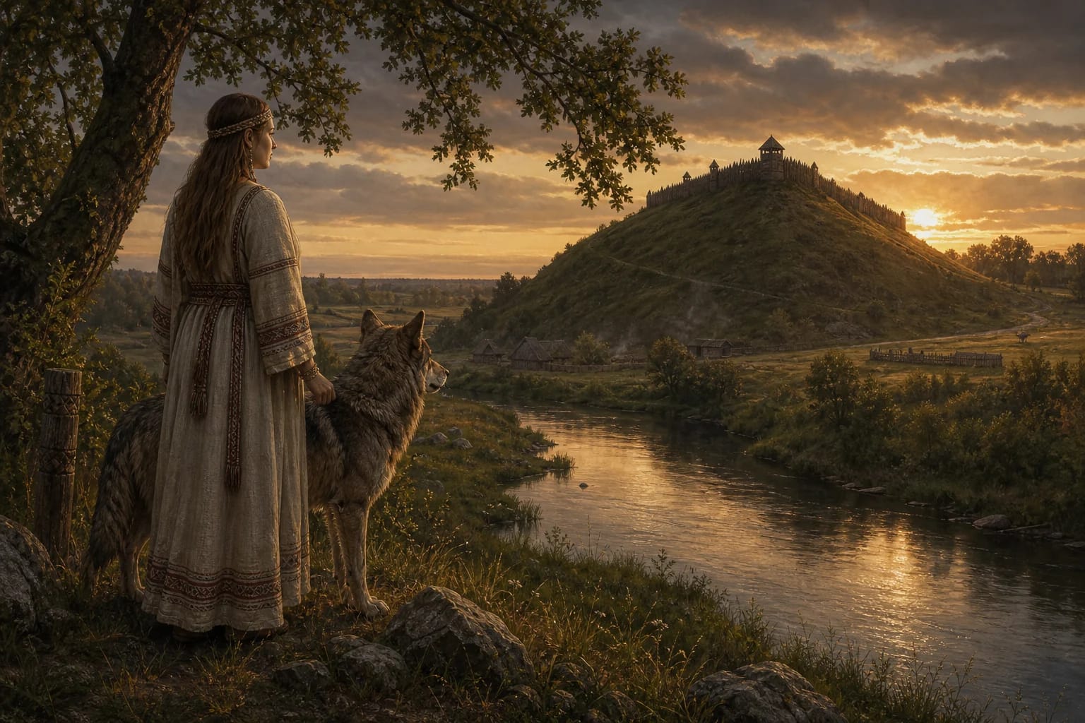 Legend of Ukmergė Hillfort visual interpretation with wolf, maiden, priestess motifs