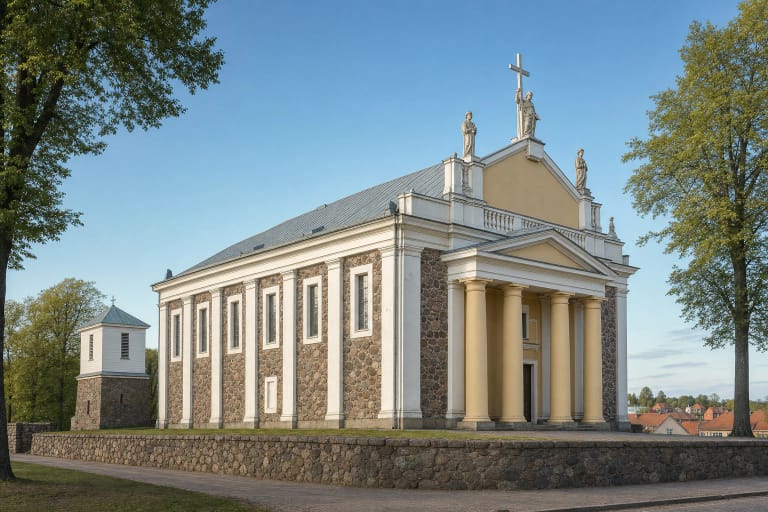 Lauko akmenų mūro Ukmergės Petro ir Povilo bažnyčia su gelsvų kolonų portiku ir stogo skulptūromis