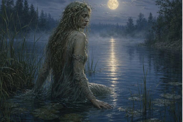 Undinė in Lithuanian mythology near a lake, reeds, water, and moonlight