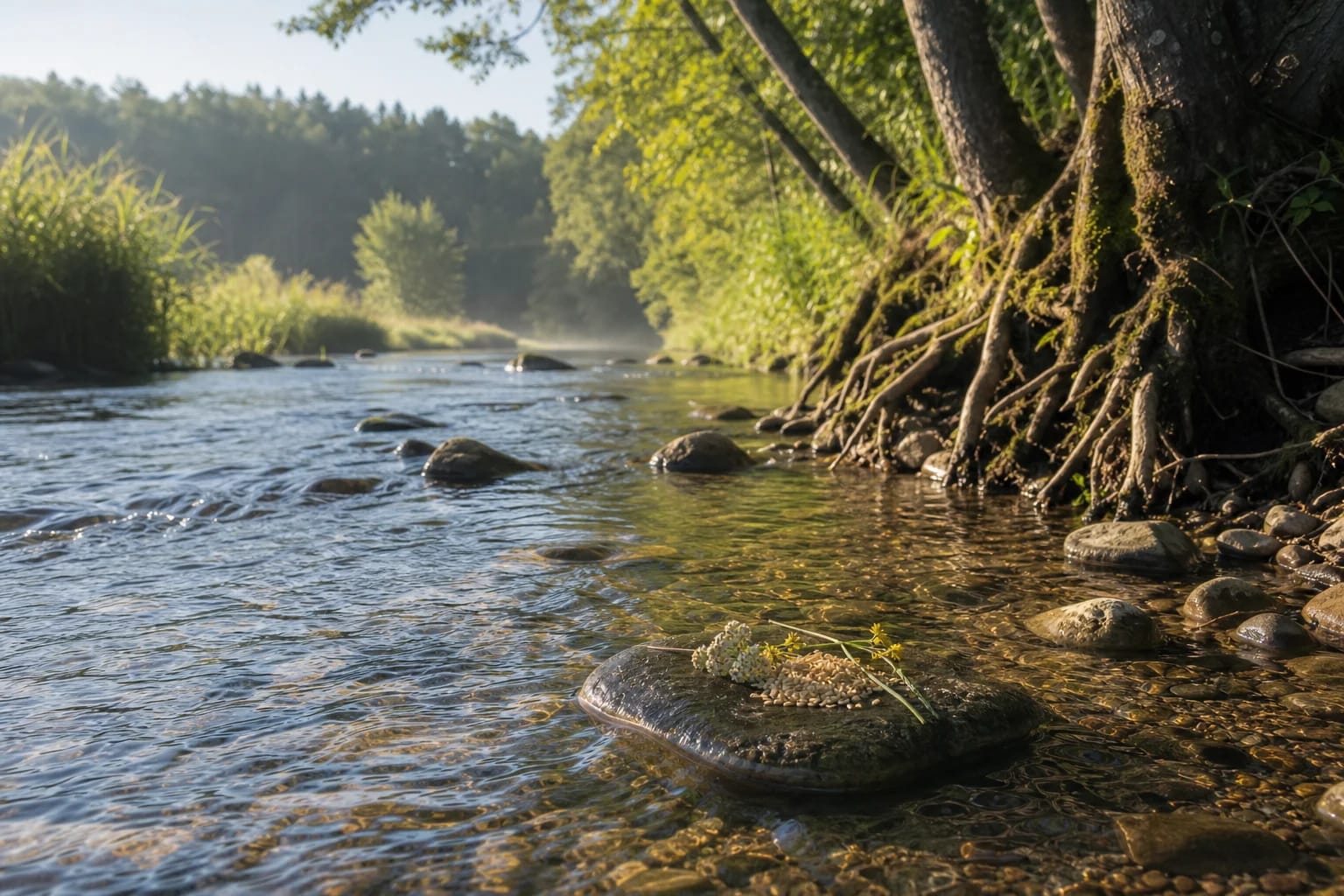 Clear river, stones, and shore offering for Upinis Dievas